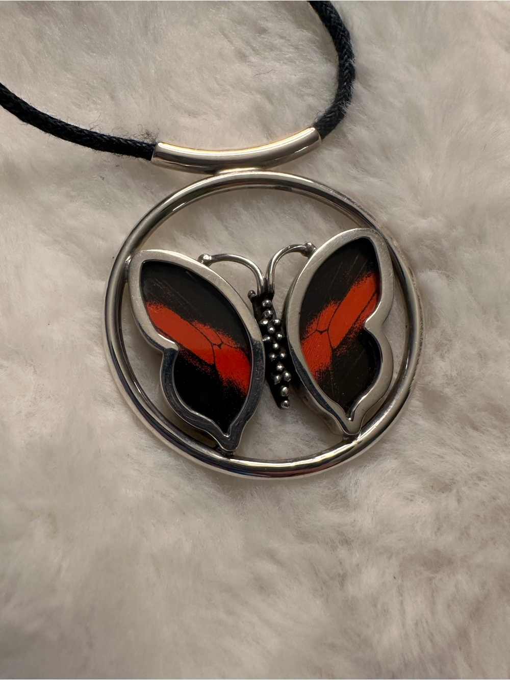 Real Butterfly Wings in Silver Pendant With Rope Necklace Vintage HSN